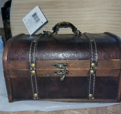 Ashland Collection Brown Wood & Brown Rustic Faux Leather Trunk w/ Brass Accents - Image 1 of 4
