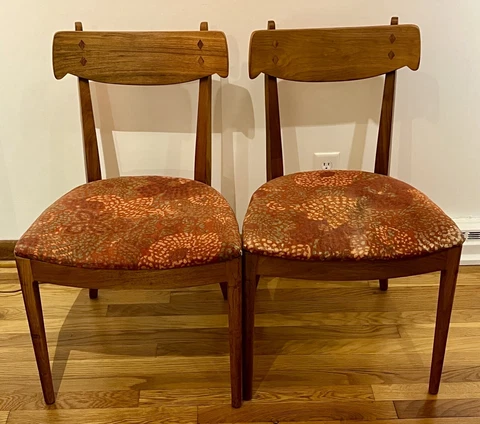 Drexel Declaration Kipp Stewart Walnut Diamond Inlay Dining Side Chairs MCM Cover