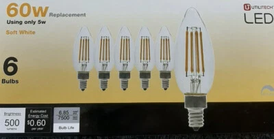2 Boxes of 6 - 60W replacement  LED Candelabra Soft White light bulbs - Dimmable - Image 1 of 3