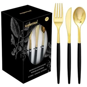 102 PCS Gold Plastic Silverware Set Gold Flatware with Black Handle for Party - Picture 1 of 7