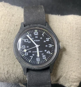 TIMEX ACQUA Military Black Dial Manual Winding Watch 1990's Original Band 34mm - Picture 1 of 10