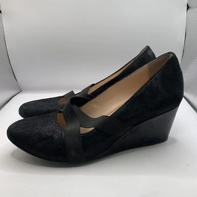Zapatos de tacón con cuñas Taryn Rose talla 7,5 M negro gamuza cuero correas cómodos Foto 1 de 4