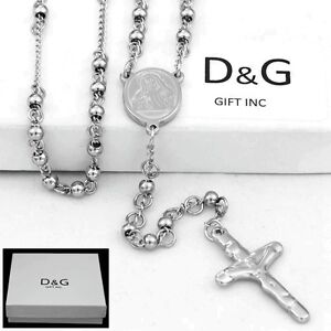DG Men's 24" Stainless-Steel Beaded Rosary VIRGIN MARY+ JESUS CROSS Necklace*BOX