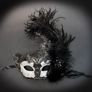 Womens Brocade Lace Ostrich Feather Venetian Masquerade Mask [Black/Silver] - Picture 1 of 4