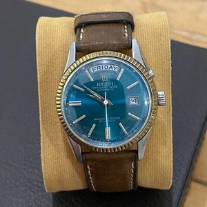 Men Watch Rare Ricoh President Dynamic Wide Automatic Blue Dial Day Date Vintage - Picture 1 of 6