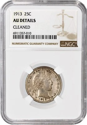 1913 25C Barber Quarter Silver NGC AU Details Cleaned Key Date Coin - Image 1 of 4