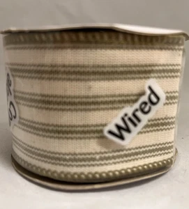 Offray Wired Ribbon MOSS (Moss Green Stripes over Cream Background) 2 in x 9 ft - Picture 1 of 3