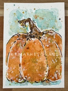 ACEO 2.5" x 3.5" Original Watercolor Art by Katina Matheson Pumpkin Fall Orange - Picture 1 of 3