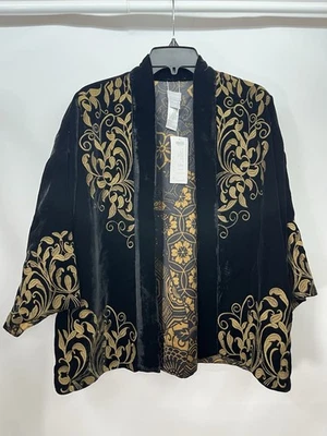 NWT Chicos Reversible Black Velvet Embroidered Kimono Jacket Ruana S/M $169 - Image 1 of 4
