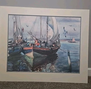 VINTAGE JAMES MILTON SESSIONS WATERCOLOR LITHOGRAPH BOATS AT PORT - Bild 1 von 11