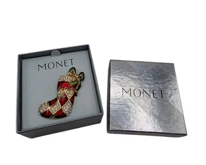 Monet rot grün Emaille Strass Weihnachtsstrumpf goldfarben Brosche Schmuck - Bild 1 von 3