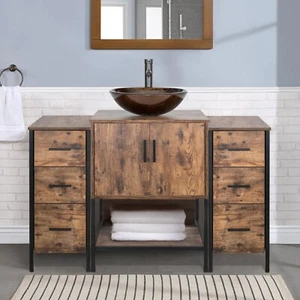 48" Bathroom Vanity Set Organizer Top Vessel Sink W/ Faucet Drain Cabinet Combo - Picture 1 of 36