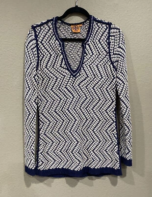 Tory Burch sweater womens L Crochet V-neck Knitted Pullover Multicolor Zig Zag - Imagem 1 de 4