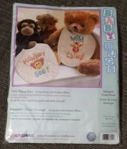 Wild Thing Baby Bib Stamped Cross Stitch Kit Monkey Girafe Dimensions Hugs 73251 - Picture 1 of 3