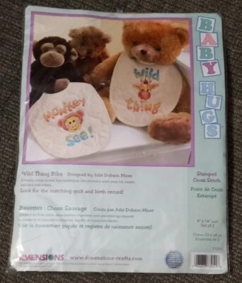 Baby Bib Stamped Cross Stitch Kit Wild Thing Monkey Girafe Dimensions Hugs 73251 - Image 1 of 3