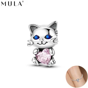 MULA 925 Sterling Silver Cute Cat Heart Pink CZ DIY Charm CZ For Women Bracelet - Picture 1 of 7