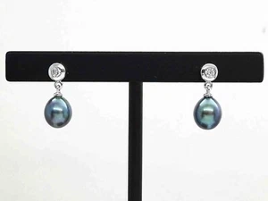 7.5mm Wide Tahitian Pearl & Diamond Accent Drop Earrings 14k White Gold - Picture 1 of 4