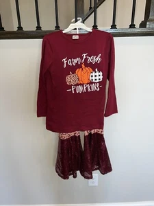 Little Girls Thanksgiving Pumpkin fall bellbottom boutique outfit fits like 8 - Picture 1 of 4