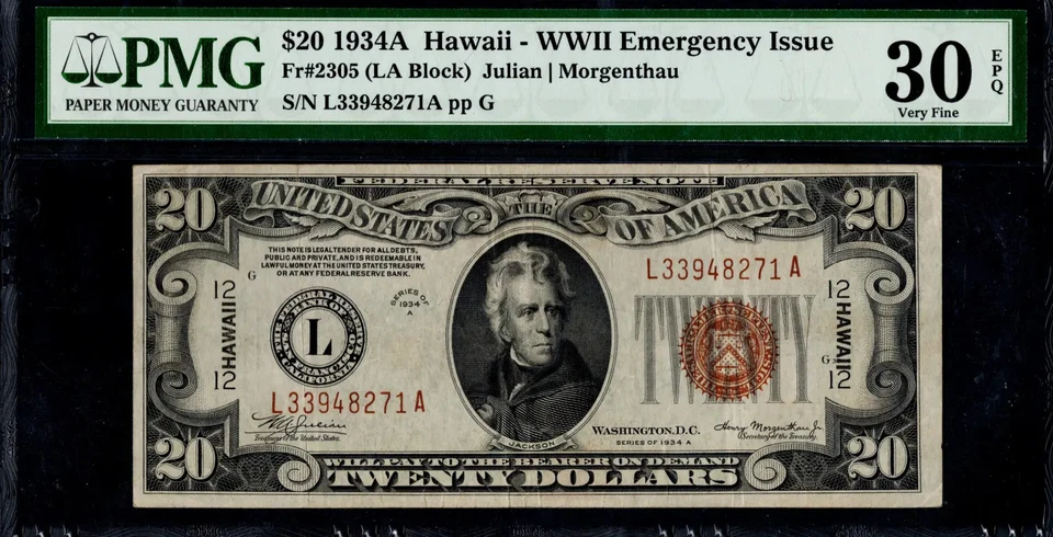 $20 1934-A WWII Emergency Issue Fr. 2305 HAWAII Brown Seal PMG Very Fine 30 EPQ - Image 1 of 2