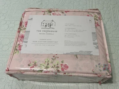 FARMHOUSE by Rachel Ashwell Shabby Chic Pale Pink w/Roses Floral KING Sheet Set - Image 1 of 4