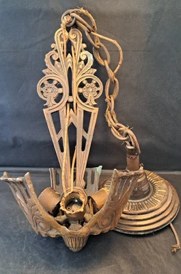 1920's Art Deco Slip Shade Chandelier Pendant Light Copper Color Ornate Detail - Image 1 of 4
