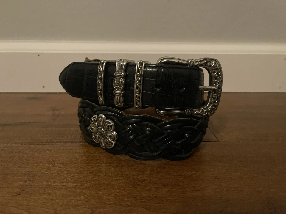 Cinturón Brighton Q2403 Negro Western Tono Plata Floral Hardware - Para Mujer Grande 34 Foto 1 de 4
