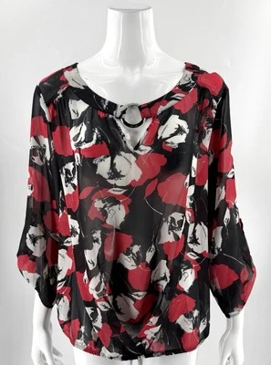 Alyx Womens Top Plus Size 1X Black Red Sheer Printed Keyhole Cutout Blouse - Image 1 of 4