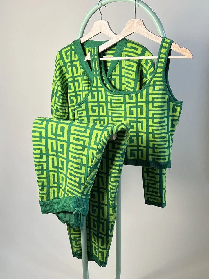 Conjunto de ropa de punto para mujer Ashley Stewart, estampado verde audaz 18/20, pantalón cárdigan sin mangas Foto 1 de 4