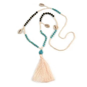 Cotton Tassel Beaded Necklace/ White/ Black/ Turquoise/ 90cm L/ 12cm Tassel - Picture 1 of 4