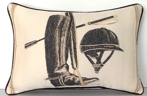 Equestrian Pillow Is Machine Embroidered- Boot, Crop, Stirrup, Helmet, Trim, New - Picture 1 of 10