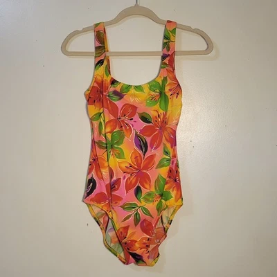 Vintage Longitude (Women's 10) Bight Colors Hibiscus Floral One-Piece Swimsuit - Изображение 1 из 4