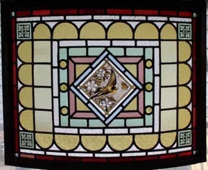 Rare Painted Bird In Blossom Antique English Stained Glass Window - Picture 1 of 1