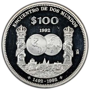 Mexico 1992 Ibero-Americana 100 Pesos Silver Coin KM #540 - Picture 1 of 2