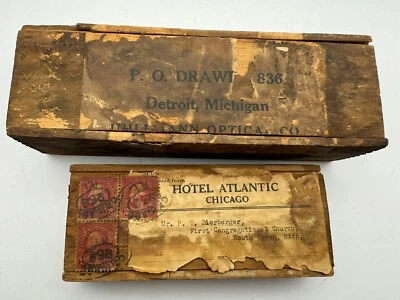 Antique Slide Top Wood Box Lot of 2 Dovetail Construction Hotel ATL & Detroit MI - Image 1 of 4
