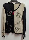 Large Playful Cat Sweater by Christopher & Banks Black Tan RED TASSEL Sz L kitty