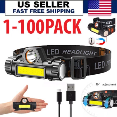 COB LED Headlamp USB Rechargeable Headlight Torch Work Light Bar Head Band Lamp - Image 1 of 4