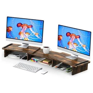Dual Monitor Stand Riser, with Adjustable Length and Angle, Wood Rust Brown - Picture 1 of 7