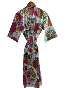Indian Handmade Vintage Kimono Floral Print Cotton Bath Robes Maxi Night Gown - Picture 1 of 5