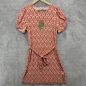 Boden Kleid Damen UK 14 R Orange Weiß Geometrisches Muster Gürtel Stretch Knielang - Bild 1 von 14