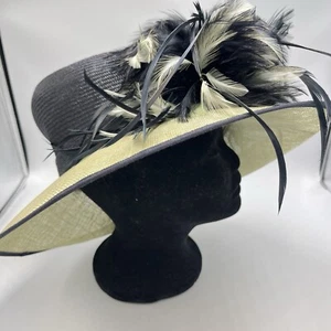 Jacques Vert Black & Cream Wide Brim Natural Fibre Feather Flower Occasion Hat - Picture 1 of 9