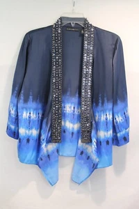 Black Label Chico's Silk Stud Trim Open Cardigan Jacket size S Blue 3/4 Sleeves - Picture 1 of 7