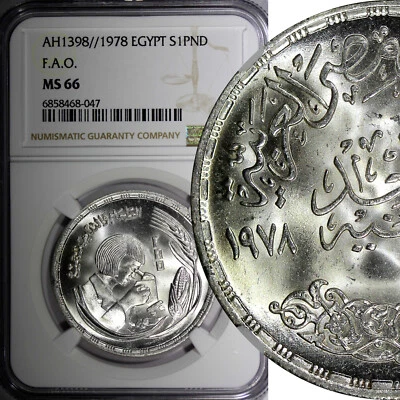 Egypt Silver AH1398 1978 1 Pound FAO - Food and Training for All NGC MS66  KM482 - Image 1 of 4