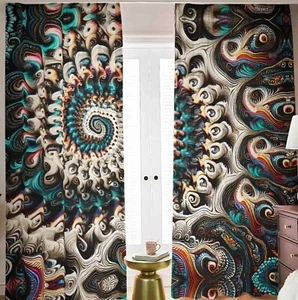Psychedelische Batik Verdunkelungsvorhänge Verdunkelung Regenbogen Spirale türkis blau fraktal - Bild 1 von 2