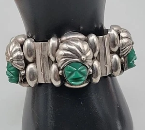 Sterling RA Mexico Carved Green Onyx Portrait Bracelet DF 925 Rancho Alegre 7" - Picture 1 of 19
