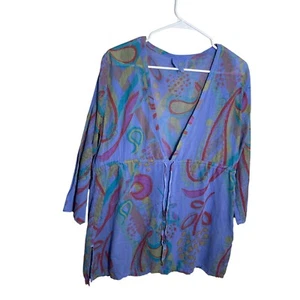 Women's M/L Blouse Made in USA Artsy Boho Lagenlook V-Neck Abstract Shirt Top - Picture 1 of 8