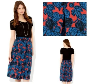 Monoon Estella Blue Red Floral Leaf Pattern A-Line Skirt Size 10 - Picture 1 of 4