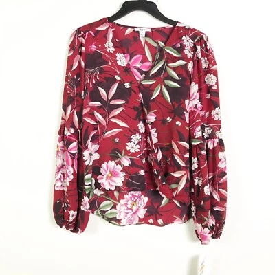 Blusa Bar III Mujer Grande Borgoña Floral Manga Larga Poeta Simulada Envolvente NUEVA Foto 1 de 4