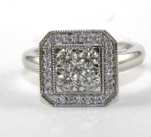Natural Round Diamond Square Cluster Milgrain Lady's Ring 14k White Gold 1.12Ct - Picture 1 of 7
