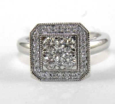 Anillo de dama Milgrain con racimo cuadrado de diamantes redondos naturales de oro blanco de 14 k de 1,12 quilates Foto 1 de 4