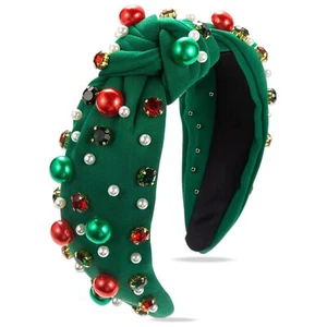Christmas Green Knotted Headband Jeweled Holiday Hair Accessories for Women - Picture 1 of 7
